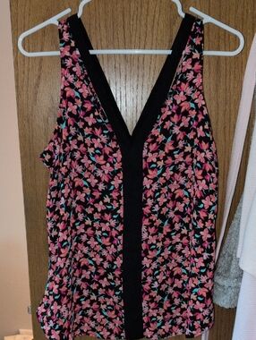 Candie's Black Floral V-Neck Camisole with Pink Accents
